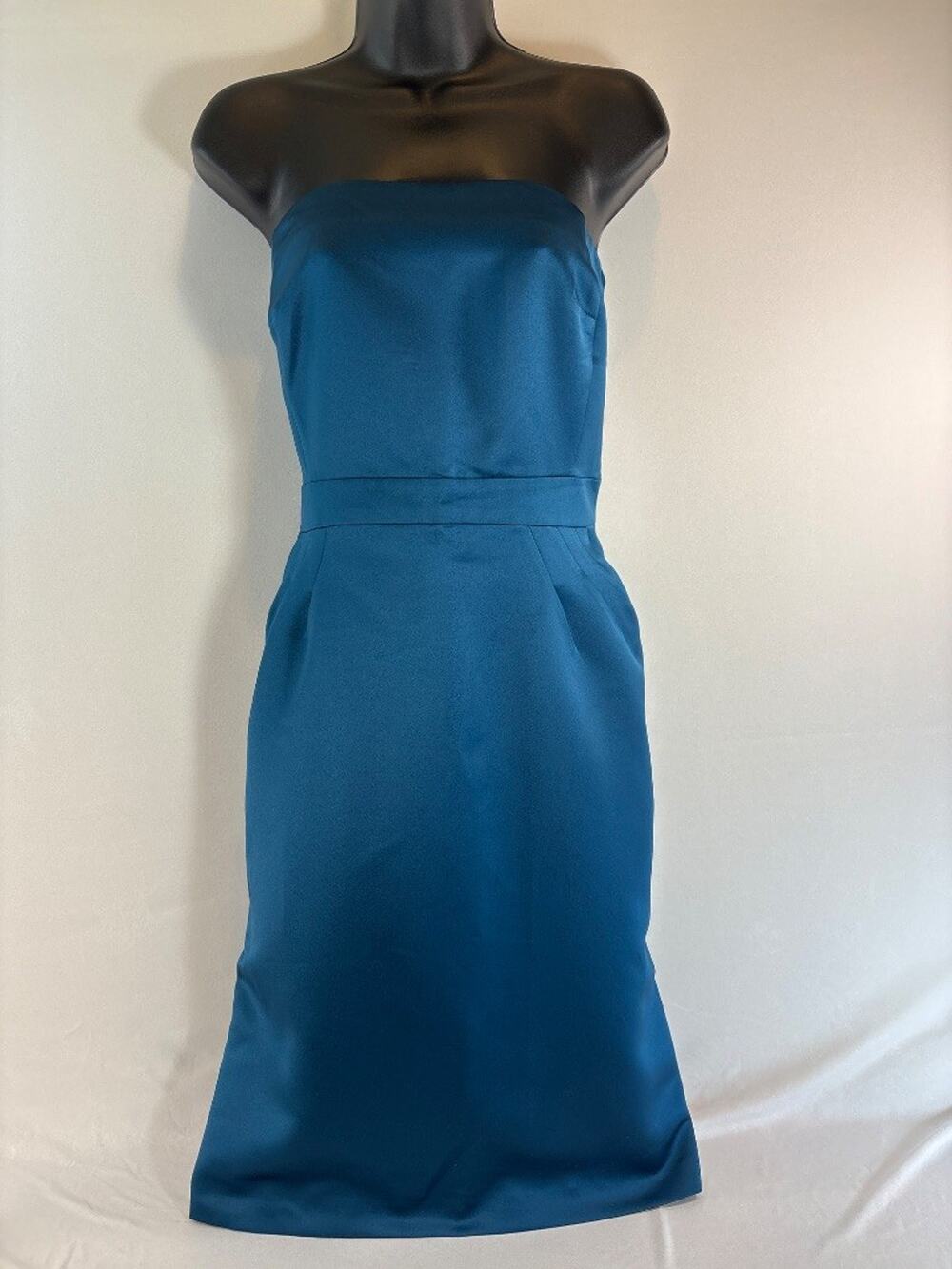 Ginette Teal Strapless Pencil Dress Size 14 Boned Pockets Formal